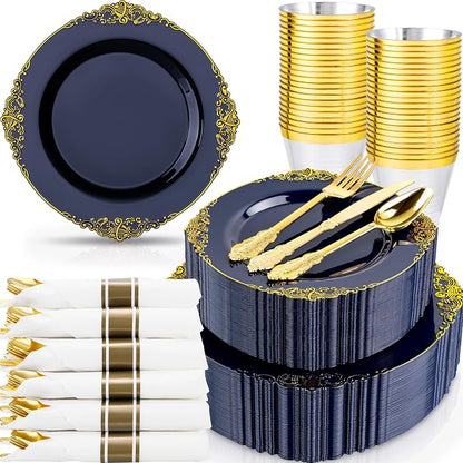 Nervure 350Pcs Blue Plastic Plates, Disposable Dinnerware Set by Nervure