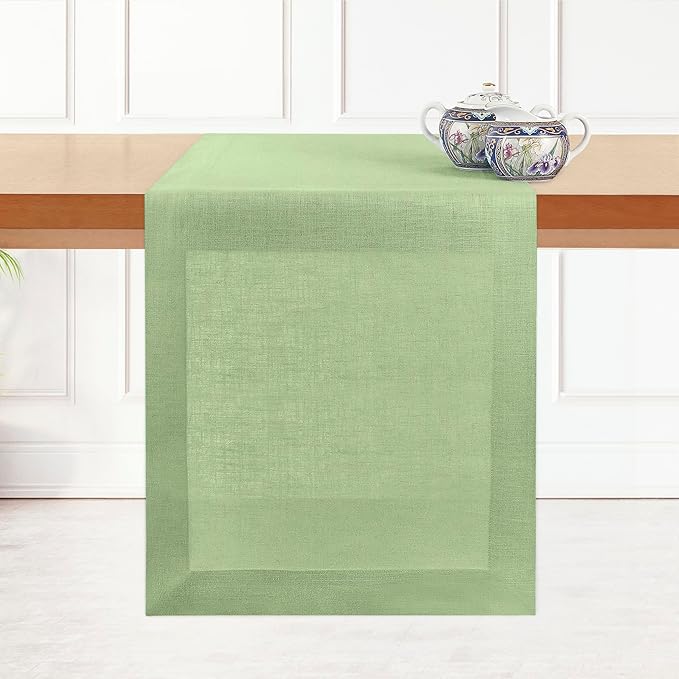 D'Moksha Homes Linen Table Runner 48 Inches - 100% Pure Linen Sage Green Table Runner 14 x 48 Inch for Coffee Tables, Dresser, Spring, St Patricks Day, Easter - Machine Washable