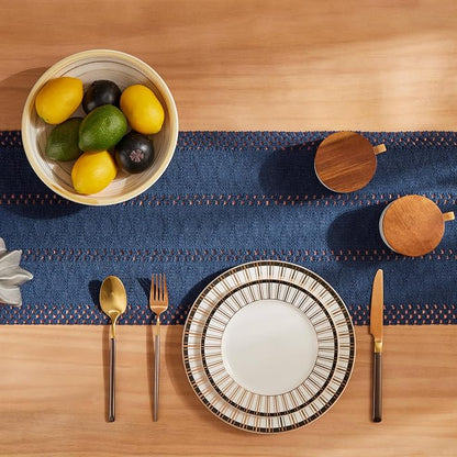 Macrame Style Boho Table Runner, 12x72 Inch Navy Blue | Woven Boho Table Runner - Image 4