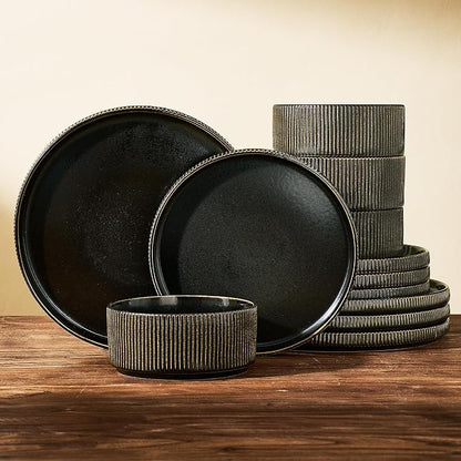 Stoneware Dinnerware Set for 4, Reactive Glaze, Handmade Ribbed Dishes by FamiwarePremium