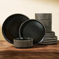 Stoneware Dinnerware Set for 4, Reactive Glaze, Handmade Ribbed Dishes by FamiwarePremium