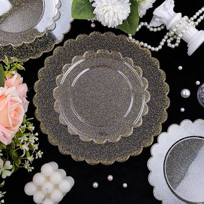 LIYH 60 Pcs Gold Glitter Plastic Scalloped Plates - Disposable Heavyduty Combo Plastic Plates Dishes Included 30 Dinner Plate 30 Dessert Plate for Weddings Party Birthday