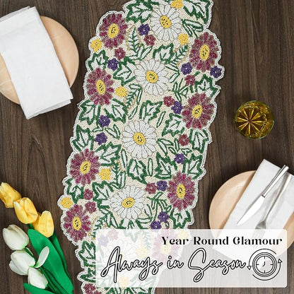 Spring Floral Beaded Table Runner, 13x36 | Glass beads, polyester backing - Image 9