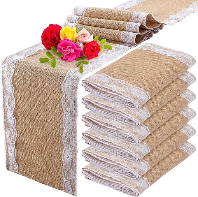 Tatuo 6 Pcs Lace Burlap Table Runner 12'' x 72'' Rustic Jute Hessian Farmhouse by Tatuo