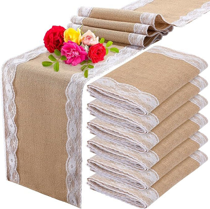 Tatuo 6 Pcs Lace Burlap Table Runner 12'' x 72'' Rustic Jute Hessian Farmhouse by Tatuo