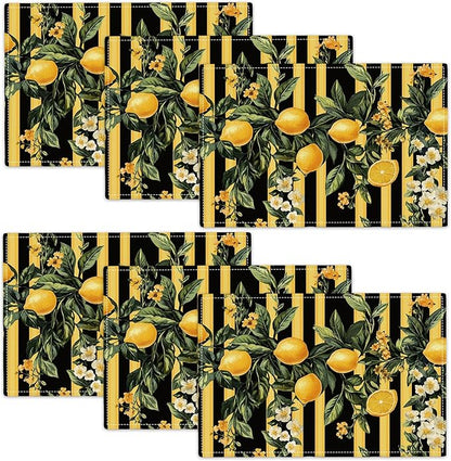 Lemon Placemats Set of 6, Yellow Lemon Place Mats, Fruit Waterproof Washable Table Mats for Home Party Indoor Kitchen Dining Table Decoration 12x18 Inch