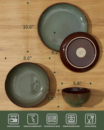 16 Piece Double Bowl Dinnerware Sets with Pasta Bowls, Highly Chip and Crack Resistant Plates and Bowls Sets, Natural Earthyware Ceramic Dishware Sets, Service for 4 Sage Green