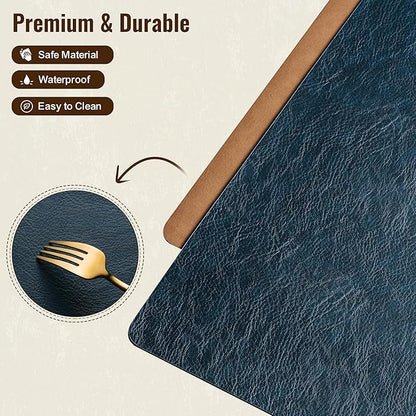 DOLOPL Placemats Set of 6 Reversible Dual-Color Table Placemats – Heat Resistant Wipeable & Washable Place Mats, Luxury Faux Leather Table Mats for Vintage Dining Table Decor (Camel & Navy Blue)