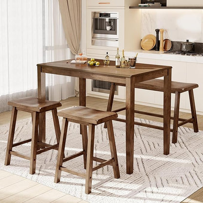 PHI VILLA Kitchen Table with Bench and Chairs, Counter Height Table and Chairs, Solid Wood Small Dining Table Set for 4, High Top Kitchen Table Chairs Set of 4, Rustic Caramel
