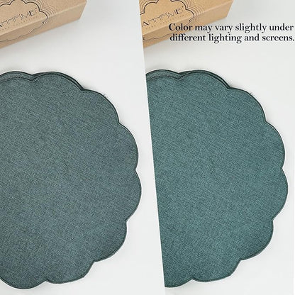 AHHFSMEI Round Faux Linen Placemats Set of 4 Waterproof Table Mats Heat Resistant Non-Slip and Stain Proof for Kitchen Dining Elegant Decor (Forest Green,4)