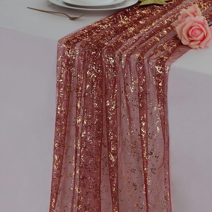 Snowkingdom Burgundy Gold Gauze Table Runner 10 Ft, Glitter Sheer Metallic Foil by Snowkingdom