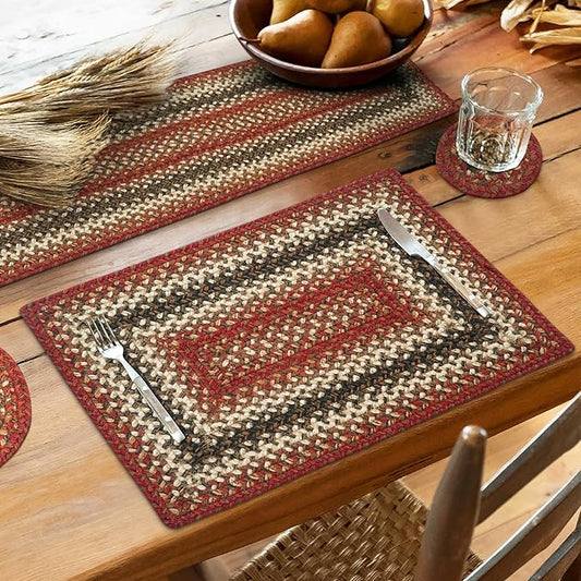 Homespice Chester Jute Woven Placemats, Warm Lodge and Cabin Decor, Set of 4, Red 13x19 Rectangle Table Mats - Vibrant Colors, Durable, Easy to Clean and Protects Furniture