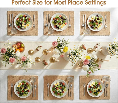 Handmade Ramie Placemats Set of 6, 12"x18" Eco-Friendly Natural Woven Table Mats for Dining Table, Heat-Resistant & Washable Natural Fiber Placemats for Kitchen, Farmhouse, Boho & Home Decor