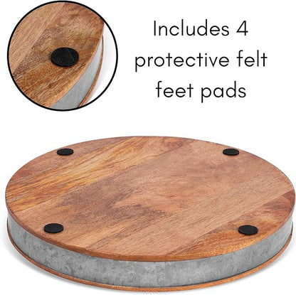 BIRDROCK HOME Wooden & Iron Chip Dip Serving Tray w/Glass Dip Bowl | Extra Large Decorative Kitchen Platter | Salsa, Guacamole, Veggies, Cheese | Decor for Coffee Table, Dining & Living Room - Round
