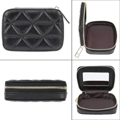 Lipstick Holder with Mirror for Purse, Genuine Leather Makeup Case, Compact Zippered Travel Cosmetic Organizer, Black