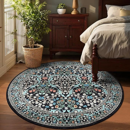 GarveeHome Black Floral 6 ft Round Rug Washable Non-Slip Soft Low Pile Circle Carpet Vintage Rugs for Kitchen Bedroom Nursery Dining Living Room