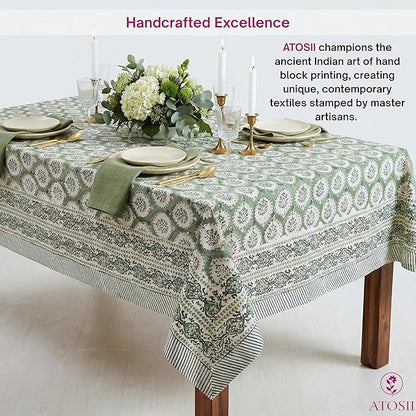 ATOSII Kari Green 100% Cotton Rectangle Boho Summer Tablecloth, Block Print Floral Table Cloth Linen for Dining, Parties, Wedding, Outdoors Home Decor 60 X 108 Inches I 8 Seater I