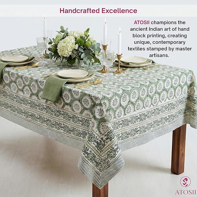 ATOSII Kari Green 100% Cotton Rectangle Boho Fall Tablecloth, Handblock Floral Table Cloth Linen for Kitchen Dining I Parties Wedding Outdoors Christmas Thanksgiving I 72 X 120 Inches I 10 Seater