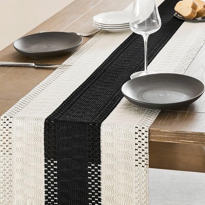 Macrame Style Bicolor Stitching Table Runner 14x60in Black | Woven Boho Table - Image 4
