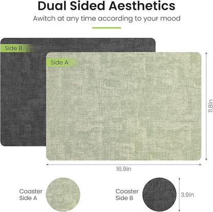 Placemats Set of 4, Faux Leather Heat Resistant Wipeable Placemats, Dual Sided Waterproof Washable Table Mats with Coaster, Suitable for Kitchen, Dining, Table Decor (4, Black Light Green)