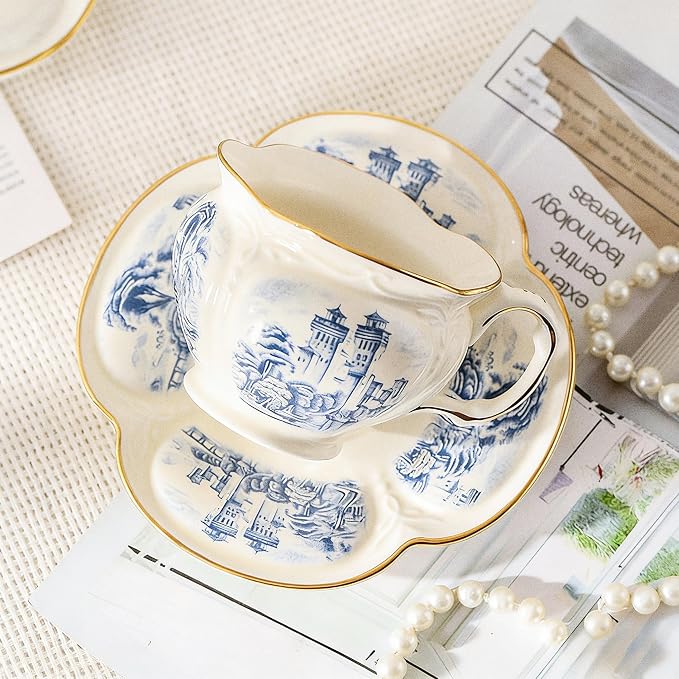 KAMMAK Tea Cups and Saucers Set of 2, 8 oz Porcelain Coffee Cups, SY001 | - Image 5