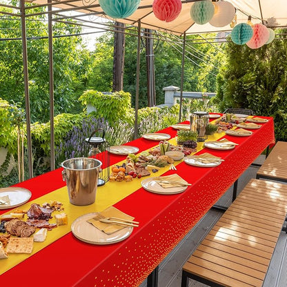 8Pack Disposable Plastic Party Tablecloths and Satin Table Runner Set Red and - Image 7