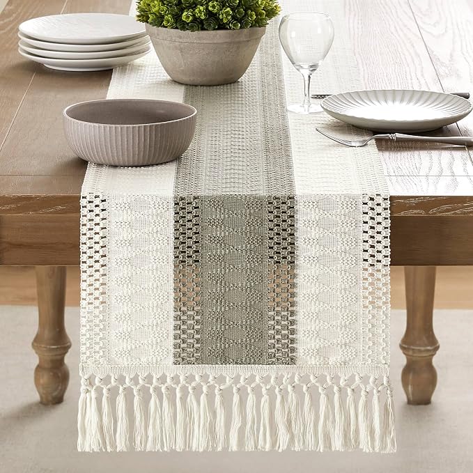 Macrame Style Bicolor Stitching Table Runner 14x72in Dark Sage | Woven Boho - Image 2