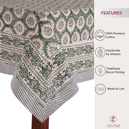 ATOSII Kari Green 100% Cotton Rectangle Fall Tablecloth, Block Print Floral Table Cloth Linen for Dining, Parties, Outdoors, Christmas, Thanksgiving, Grandmillennial Decor 60 X 90 Inches I 6 Seater