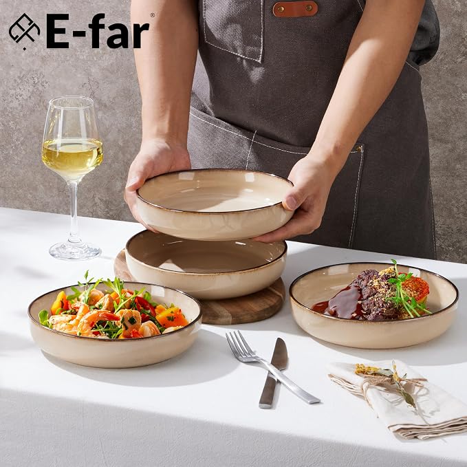 E-far Stoneware Pasta Bowls Set of 4, 35oz Double Reactive Glaze | Wide & - Image 3