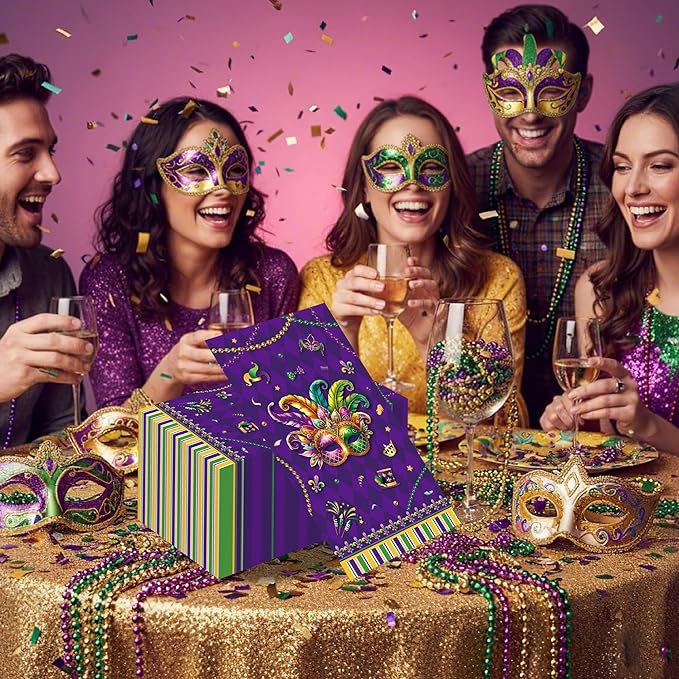 Mardi Party Gras Decorations - 100 Pcs Masquerade Paper Decorative Napkins Set Disposable Purple Crown Mask Dinner Cocktail Bulk Table Gifts Supplies Decor for Decoupage Carnival 7.9 x 4.3 In