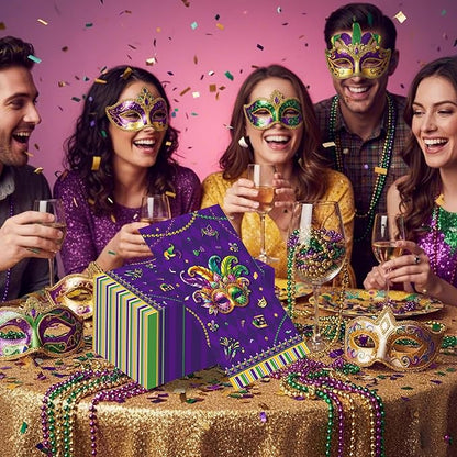 Mardi Party Gras Decorations - 100 Pcs Masquerade Paper Decorative Napkins Set Disposable Purple Crown Mask Dinner Cocktail Bulk Table Gifts Supplies Decor for Decoupage Carnival 7.9 x 4.3 In