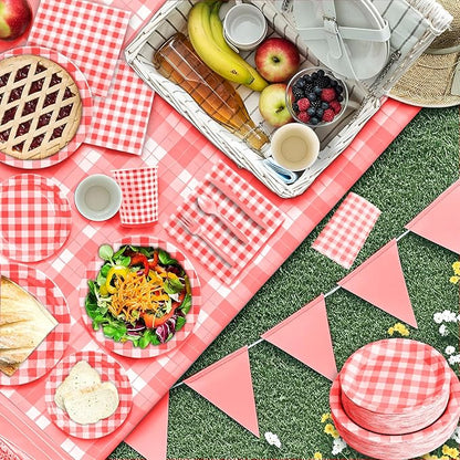 180Pcs Red Gingham Party Supplies Paper Plates and Napkins Serve 60 | - Image 4