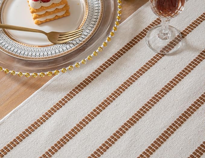 Caflife Boho Table Runner 90 Inchs Long Brown and Beige, Cotton and Linen Woven - Image 4
