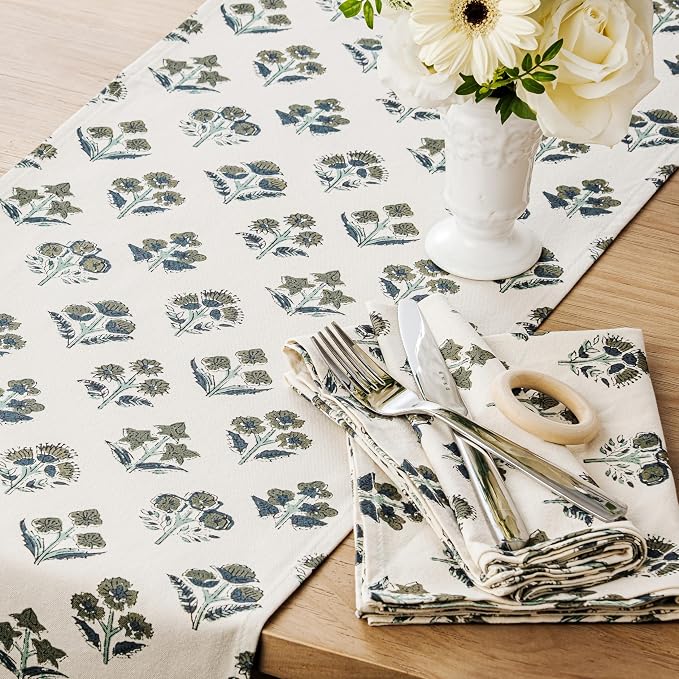 Block Print Floral Decorative Table Runners, 13x72 Inch Olive | 100% Organic - Image 2