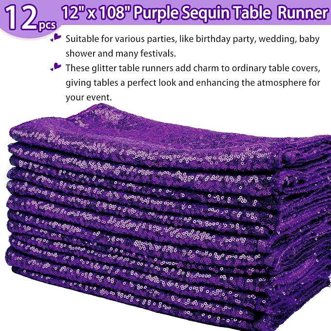 12 Packs 12 X 108 Inch Purple Sequin Table Runner Glitter Dining Table Runner - Image 2