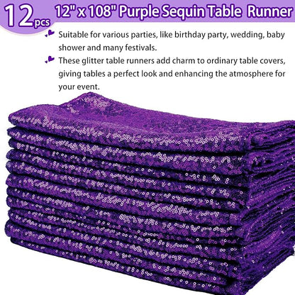 12 Packs 12 X 108 Inch Purple Sequin Table Runner Glitter Dining Table Runner - Image 2