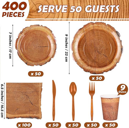 Kochorie 400 Pieces Wood Grain Slice Disposable Party Tableware Sets Rustic Wood Party Supplies Including Plates Cups Napkins Cutlery Serves 50 for Camping Birthday Forest Themed Party Decorations