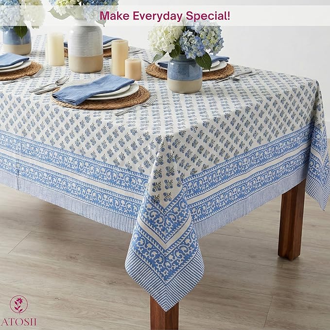 ATOSII Gulbahar Blue 100% Cotton Fall Rectangle Tablecloth, Handblock Print Floral Table Cloth for Kitchen Dining Linen I Thanksgiving Christmas Weddings Outdoors I 72 X 140 Inches I 12 Seater
