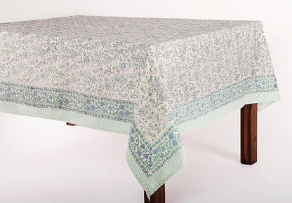 ATOSII Aster Blue 100% Cotton Square Boho Fall Tablecloth, Handblock Floral Table Cloth Linen for Kitchen Dining I Parties Wedding Outdoors Christmas Thanksgiving I Fall Home Decor 60 X 60 Inches