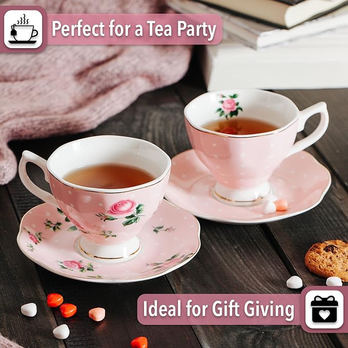 BTaT- Floral Tea Cups and Saucers, 8 oz, Fine Porcelain Teacup Set - Image 6