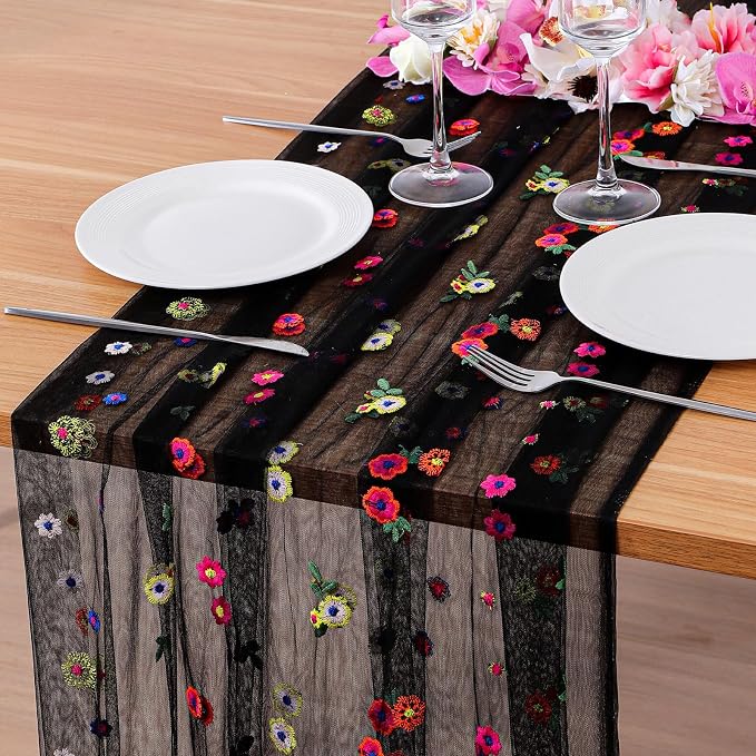 BINBE 12pcs Daisy Spring Table Runner Embroidery Gauze 10FT Florals Seasonal by BINBE