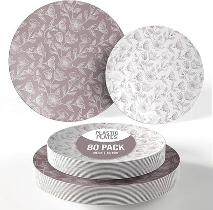 Trendables Disposable Dinnerware Decorative Plates Plastic Disposable Plates Set For 40 Guests 40 x 8 Inch Dessert Plate & 40 x 10 Inch Wedding Party Plate Set Blossom Circle