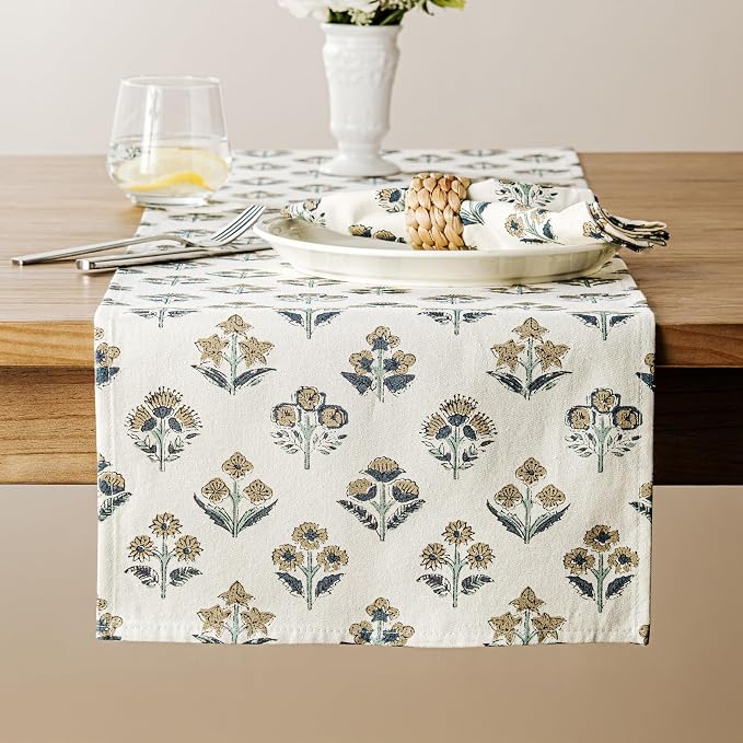 Block Print Floral Decorative Table Runners, 13x36 Inch Latte | 100% Organic by Unknown
