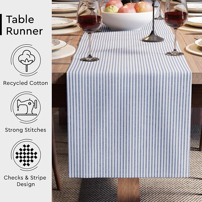 Encasa XO Table Runner, Woven Cotton Dining Runner 13"x94" | Ticking Navy Blue - Image 3