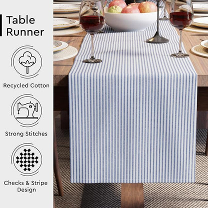 Encasa XO Table Runner, Woven Cotton Dining Runner 13"x59" | Ticking Navy Blue - Image 3