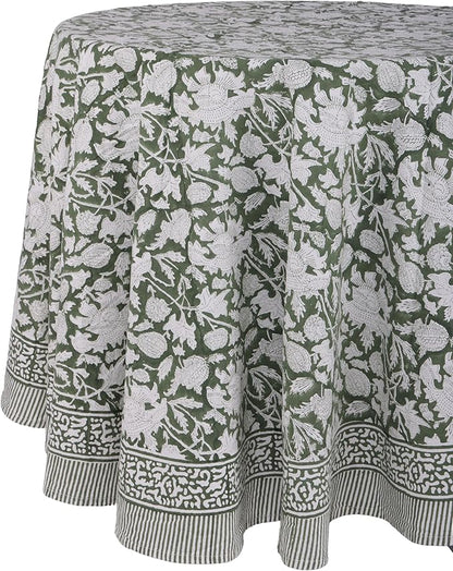 ATOSII Meraki Green 100% Cotton Round Tablecloth, Handblock Print Floral Table Cloth for Kitchen Dining Linen I Parties, Weddings, Outdoors, Christmas I Fall Home Decor 60" Inches Round
