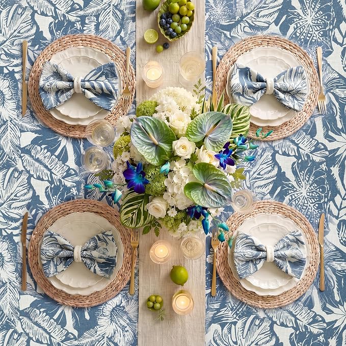 jinchan Blue Tropical Floral Linen Rectangle Table Cloth 50x70 | Vibrant - Image 7
