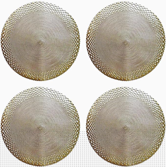 Vinyl Round Placemats Set of 4 - Non Slip Place Mats Ideal for Indoor and Outdoor Dining Table - Washable and Heat Resistant Table Mat for Kitchen Tables (Vincent Gold)