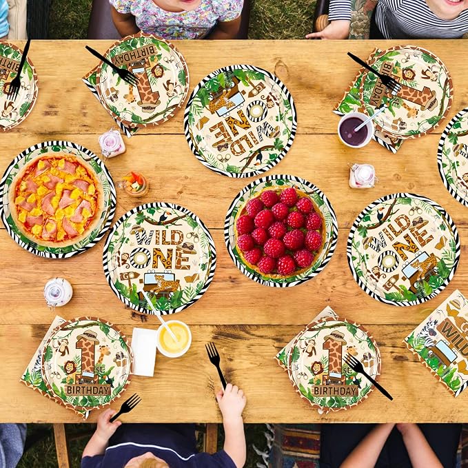 96 Pcs Wild One Birthday Animal Themed Party Supplies, Serves 24 | Jungle - Image 7