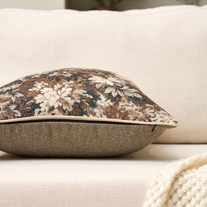Yangest Neutral Floral Pillow Cover 18 x18 Inches, Vintage Chenille Square Throw Pillow Cover Soft Decorative Farmhouse Accent Couch Pillow Cover for Living Room Bedroom, Coffee Brown